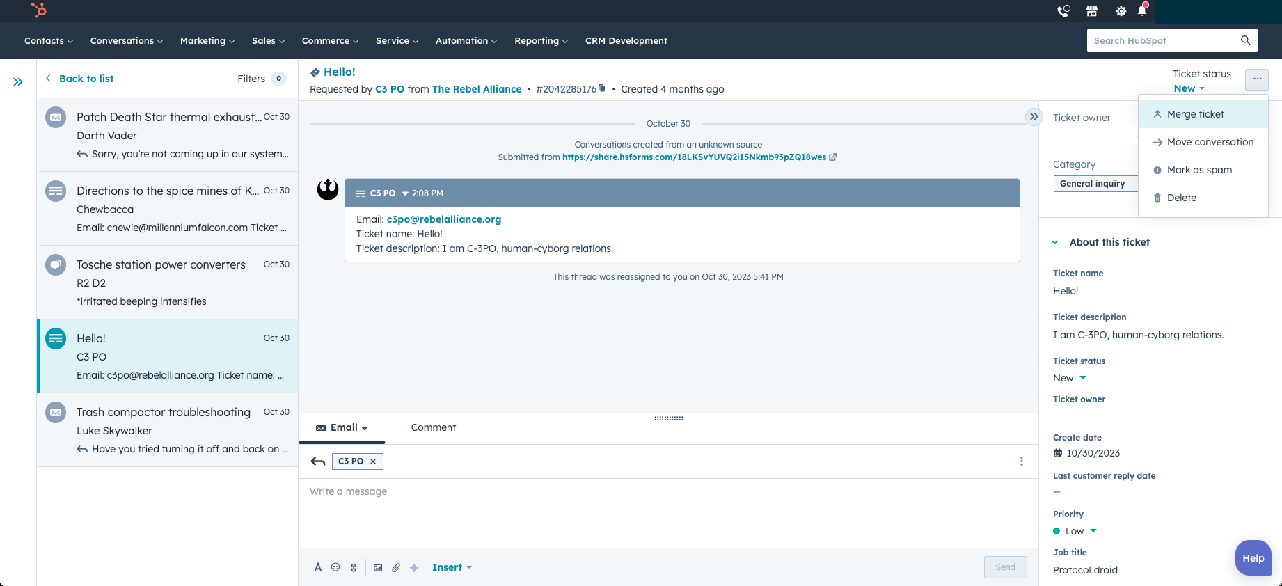 The new merge tool is available from the top-right of the Help Desk screen.