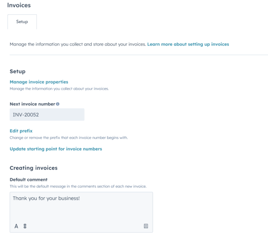 Configure the default note for invoices in HubSpot