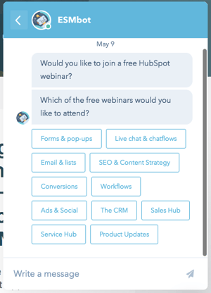 Chatbot example conversation for webinar